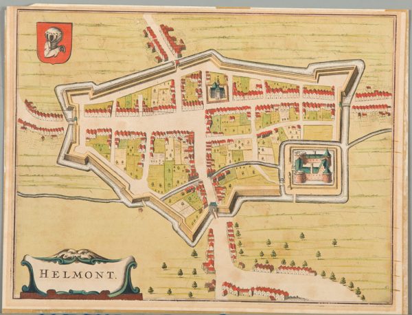 Map of Helmond within the ramparts. Right below the castle. There are also buildings on the four thoroughfares outside the fortress. The Helmond coat of arms is depicted at the bottom left of the cartouche "Helmont", at the top left. Joan Blaeu (1596-1673), dated 1649, Helmond in 1602.