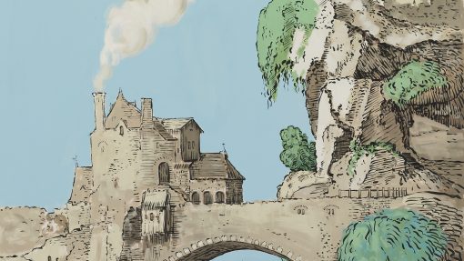 Banner van illustratie van een rotswand, kasteel en brug.